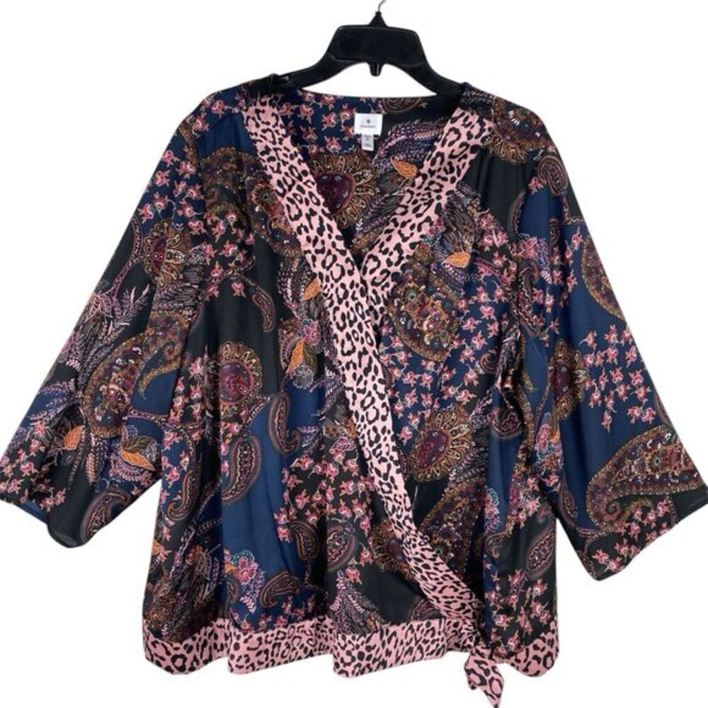 Dress Barn Womans 3X Kimono Top Floral Artsy Purple Lagenlook Satin Work Wear